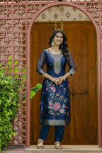 The52 Women's Beautiful Printed Work Jacquard Organza Fabric Straight Kurta Pant and Dupatta Set - Distacart