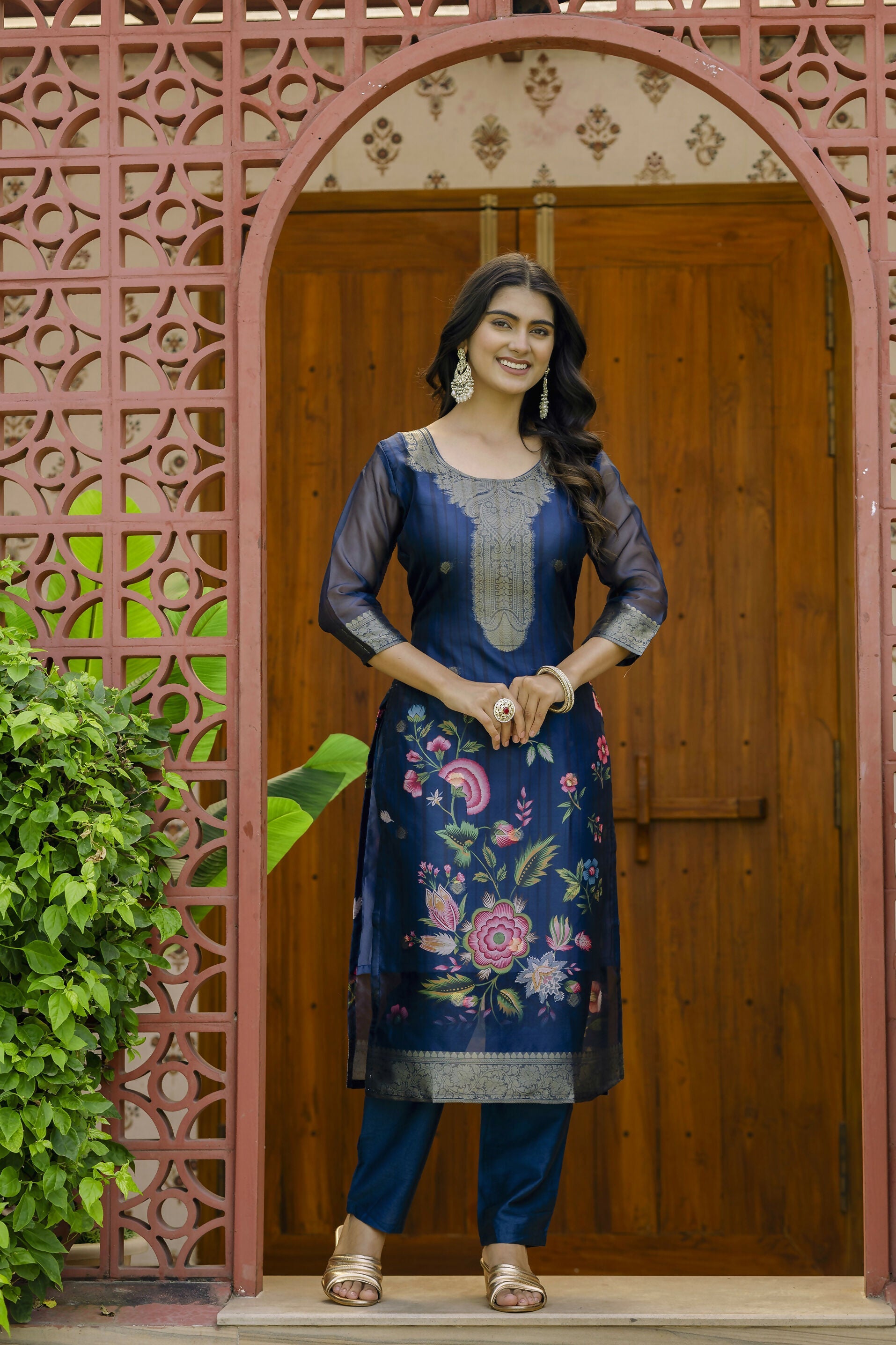 The52 Women's Beautiful Printed Work Jacquard Organza Fabric Straight Kurta Pant and Dupatta Set - Distacart