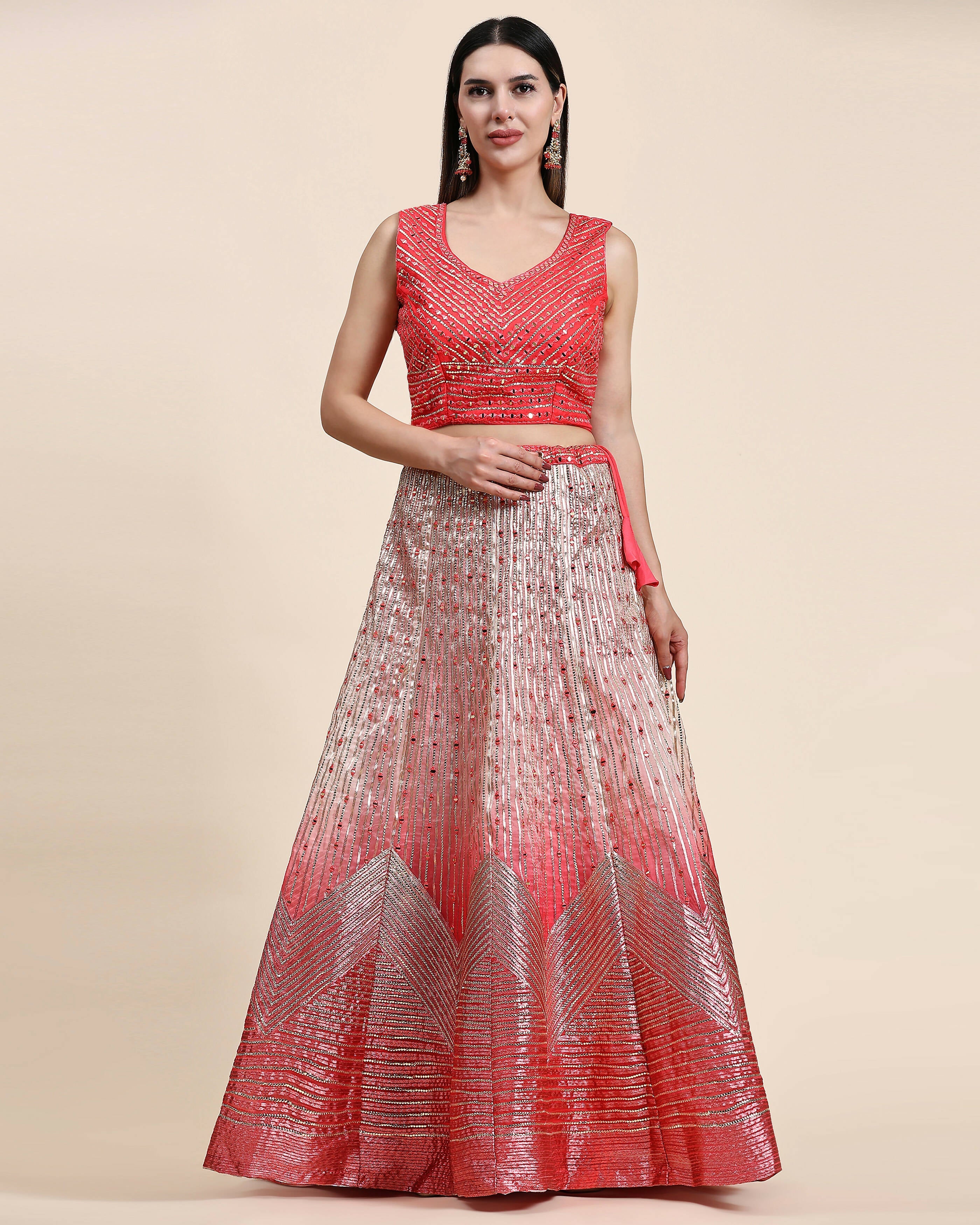 Red Organza Mirror With Coding Work Lehenga Choli with Dupatta - Tanya