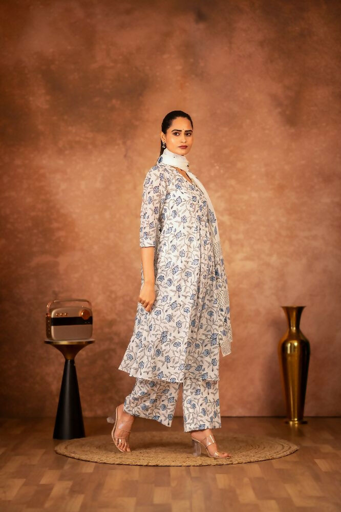 Joban Fashion Blue Hand Block Printed Cotton Suit Set - Distacart