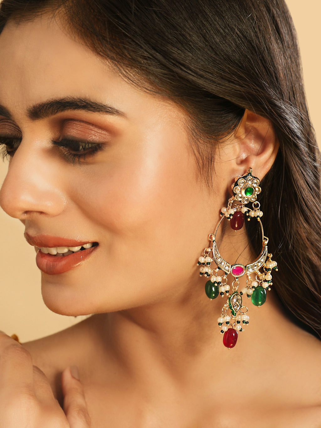 Nuyug 22K Gold Plated Crescent Kundan Drop Red Stone Chandbali Earrings - Distacart