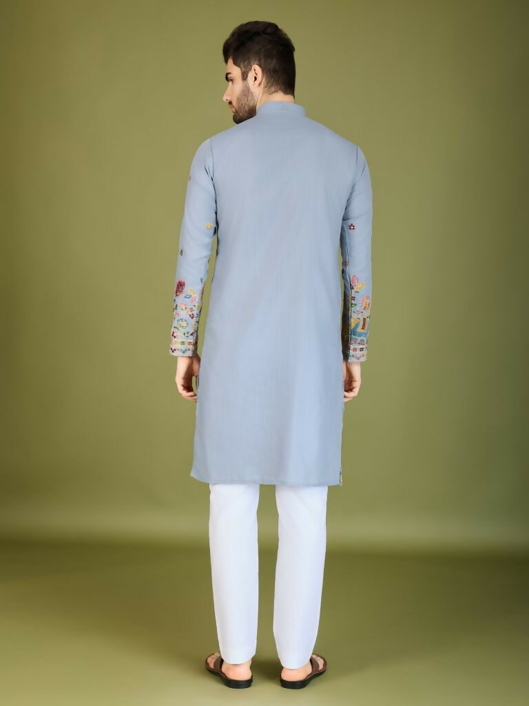 Vastranavya Sky Blue Exclusive Festival Wear Cotton Sequence Embroidered & Thread Work Kurta