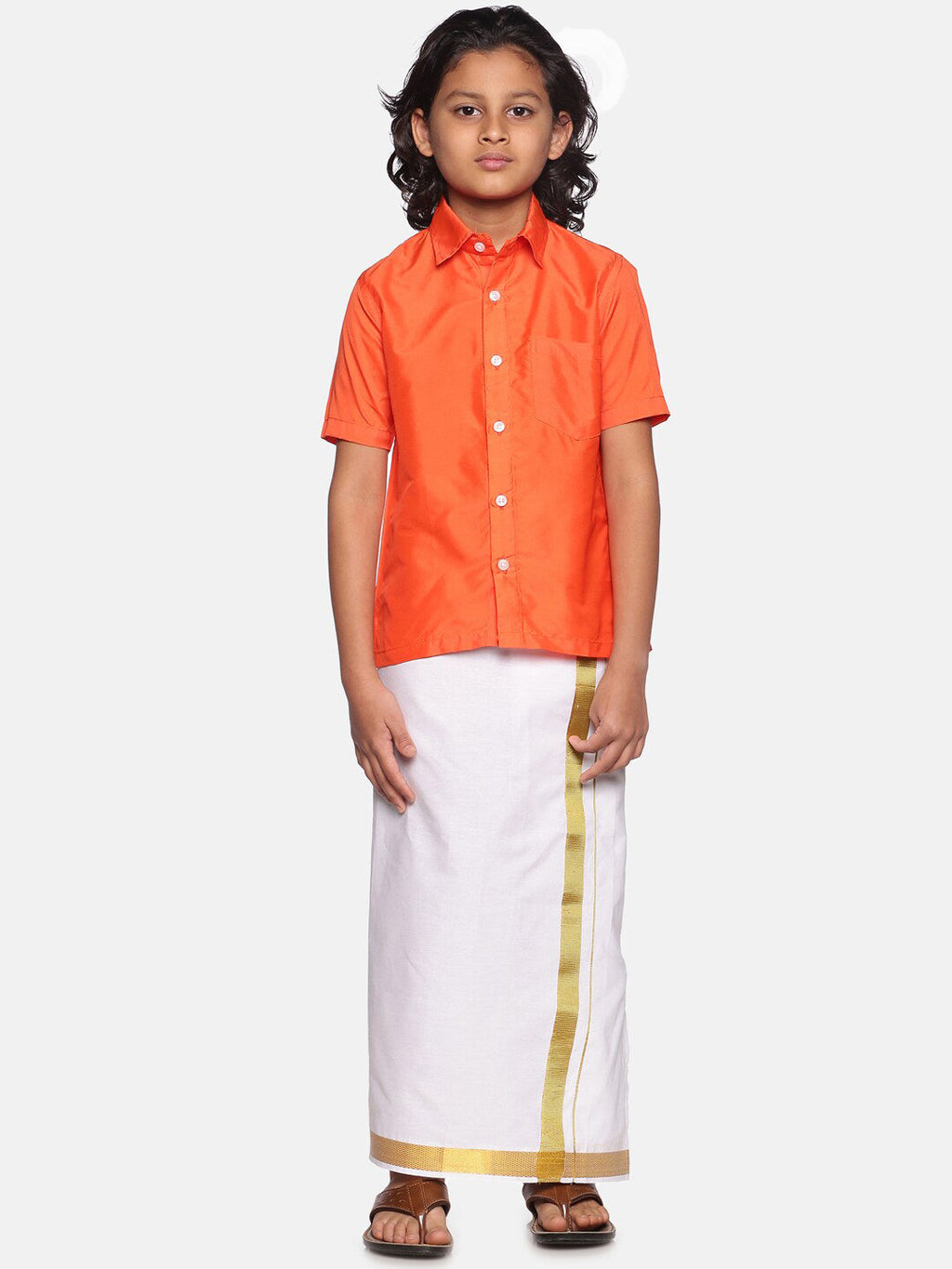 Sethukrishna Boys Orange & White Shirt with Dhoti