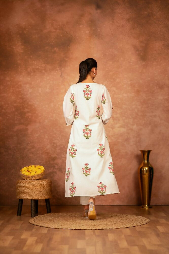 Joban Fashion Off White Pink Floral Hand Block Printed Cotton Kurta Pant Set - Distacart