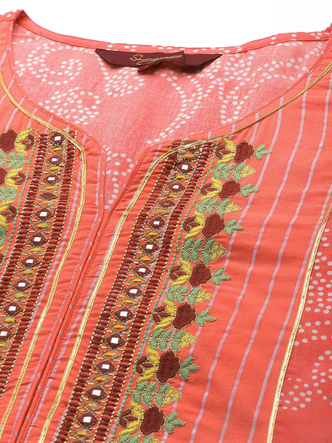 Sangria Women Peach-Coloured Ethnic Printed Mirror Work Pure Cotton Kurta with Trousers