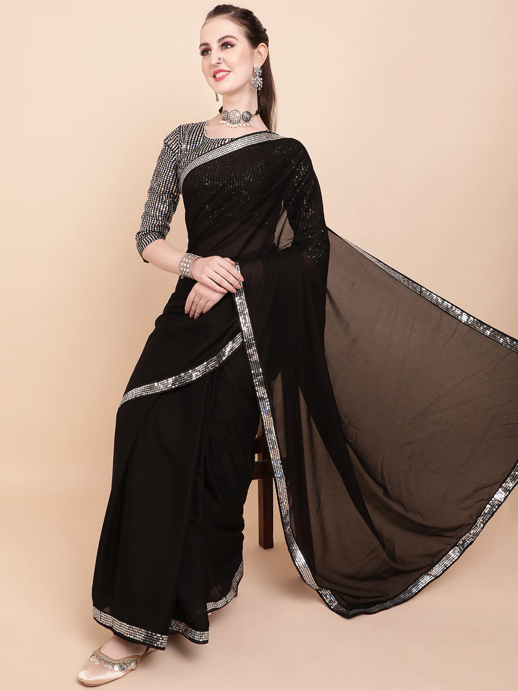 Sangria Black & Silver-Toned Sequinned Pure Georgette Celebrity Saree - Distacart