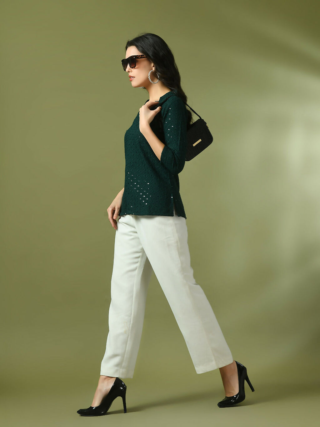 Myshka Women's Green Embellished Cotton Regular Party Tunic