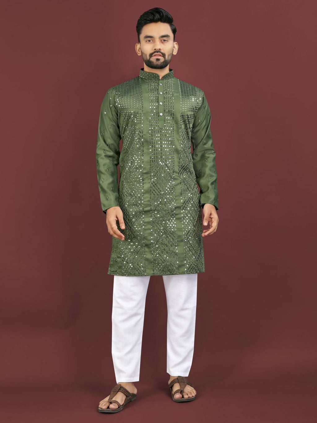Anaita Dark Green Embroidered Silk Straight Kurta