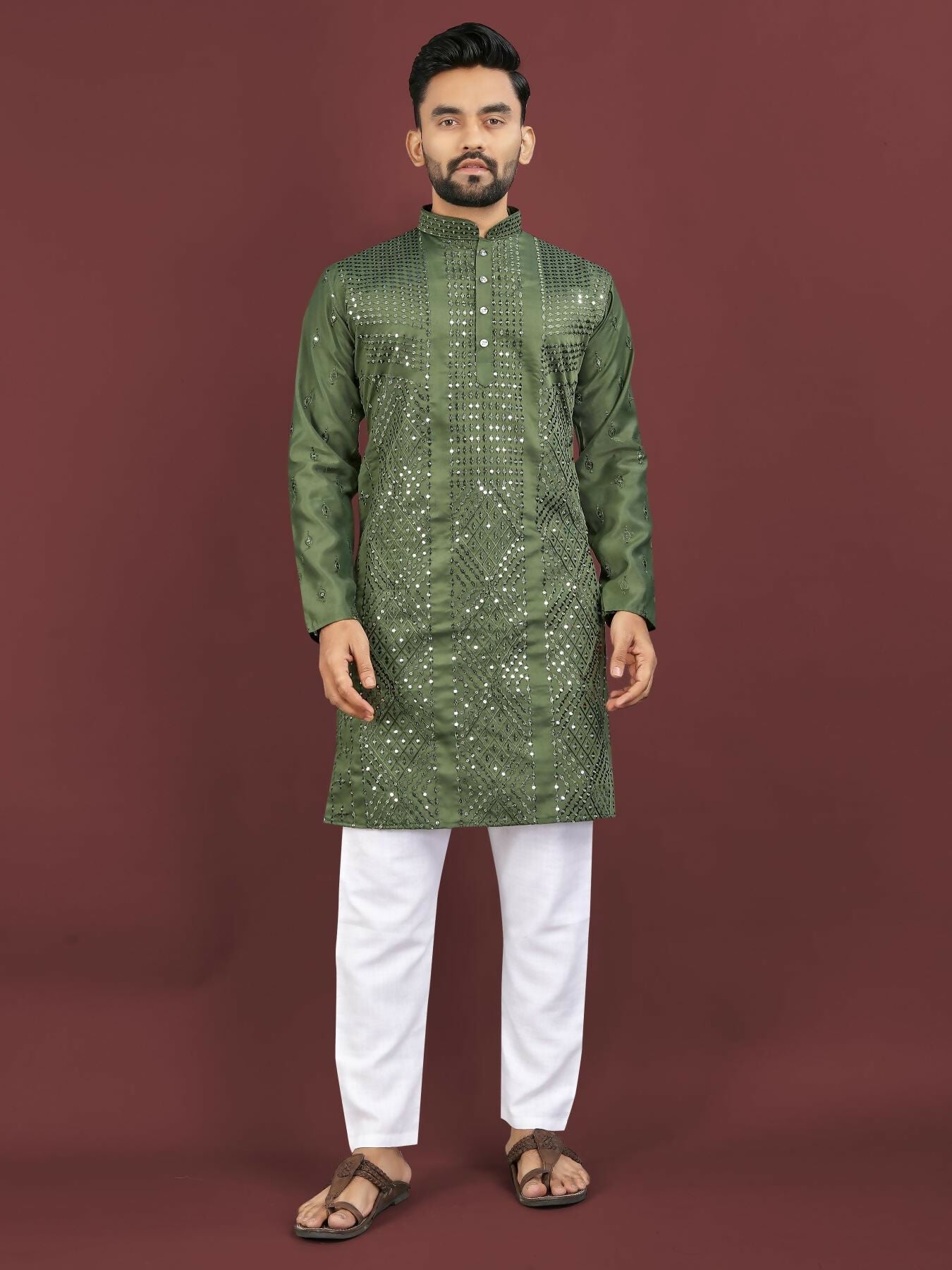 Anaita Dark Green Embroidered Silk Straight Kurta