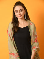 Myshka Women's Black Solid Anarkali Party Kurta Set With Printed Dupatta