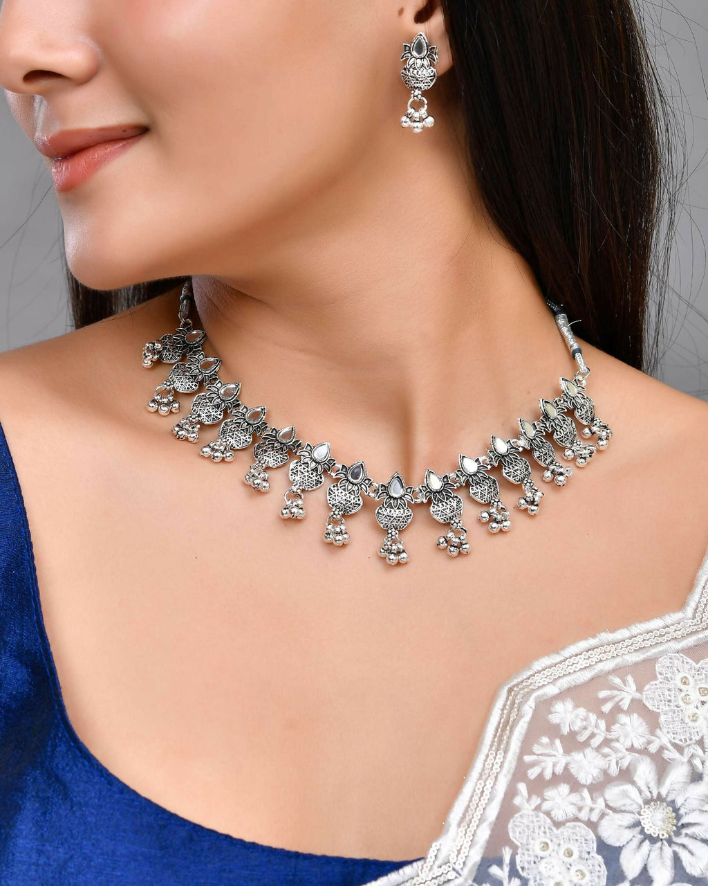 VOJ Silver Plated Oxidized Kalash Shaped Choker with Earring Set