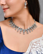 VOJ Silver Plated Oxidized Kalash Shaped Choker with Earring Set
