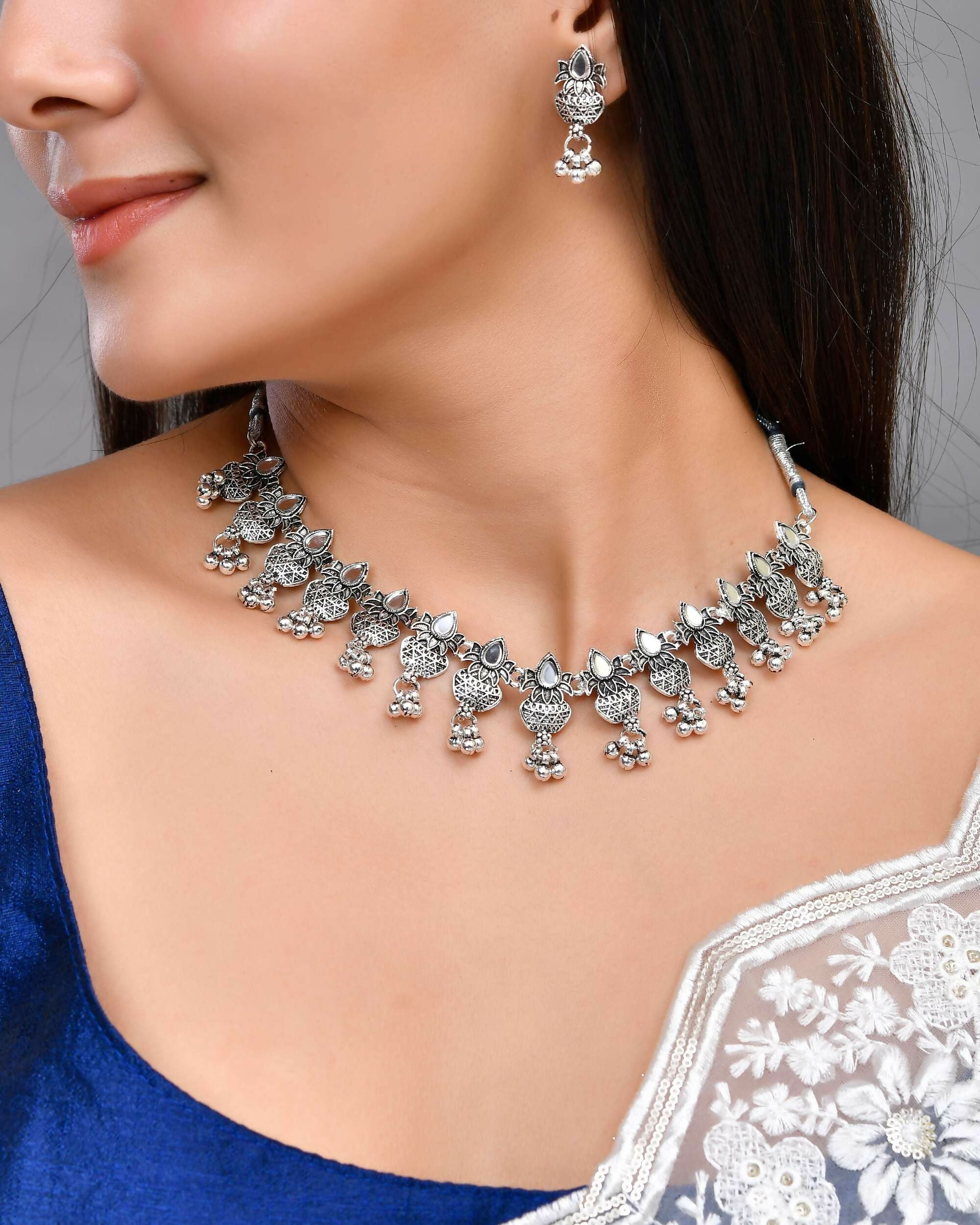 VOJ Silver Plated Oxidized Kalash Shaped Choker with Earring Set