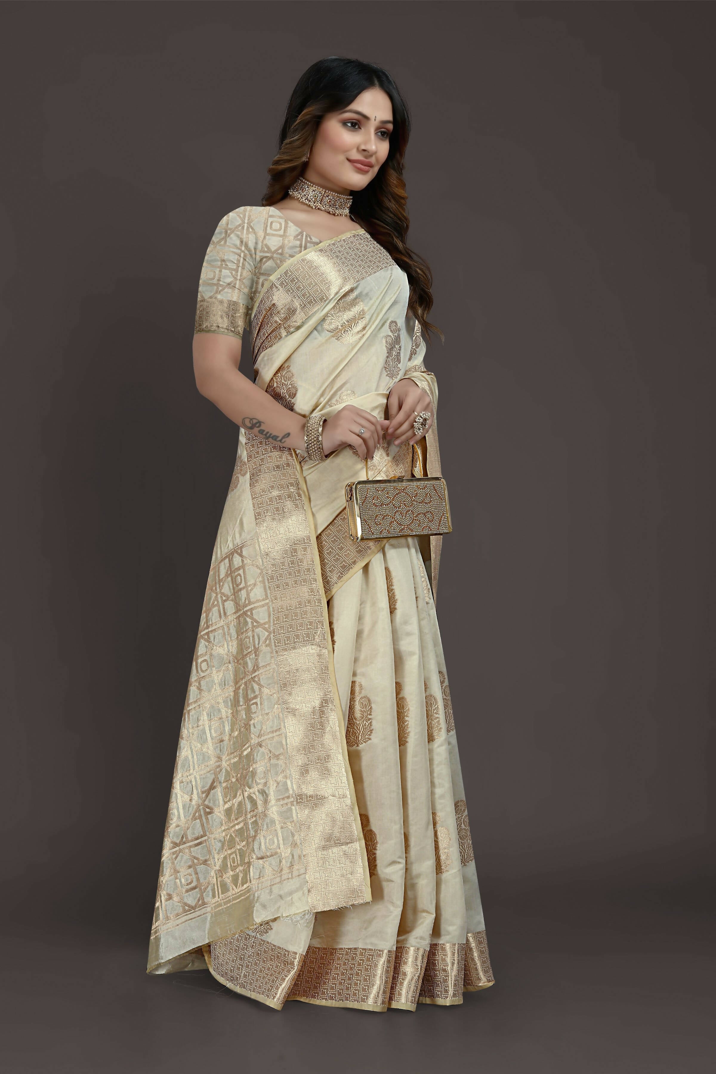 Off White Pure Raw Silk Zari Woven Saree with Unstitched Blouse Piece - Alisha