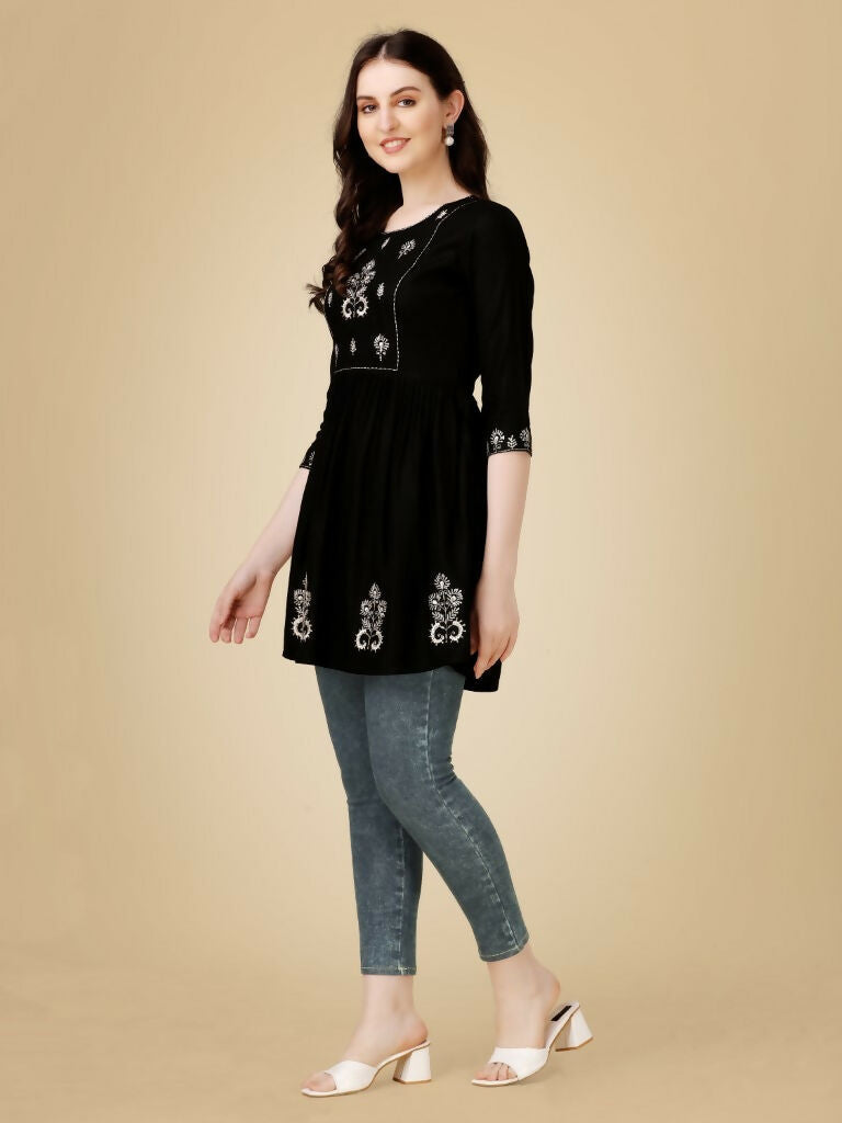 Jyoti Fashion Women's Black Viscose Rayon Embroidered Casual Top