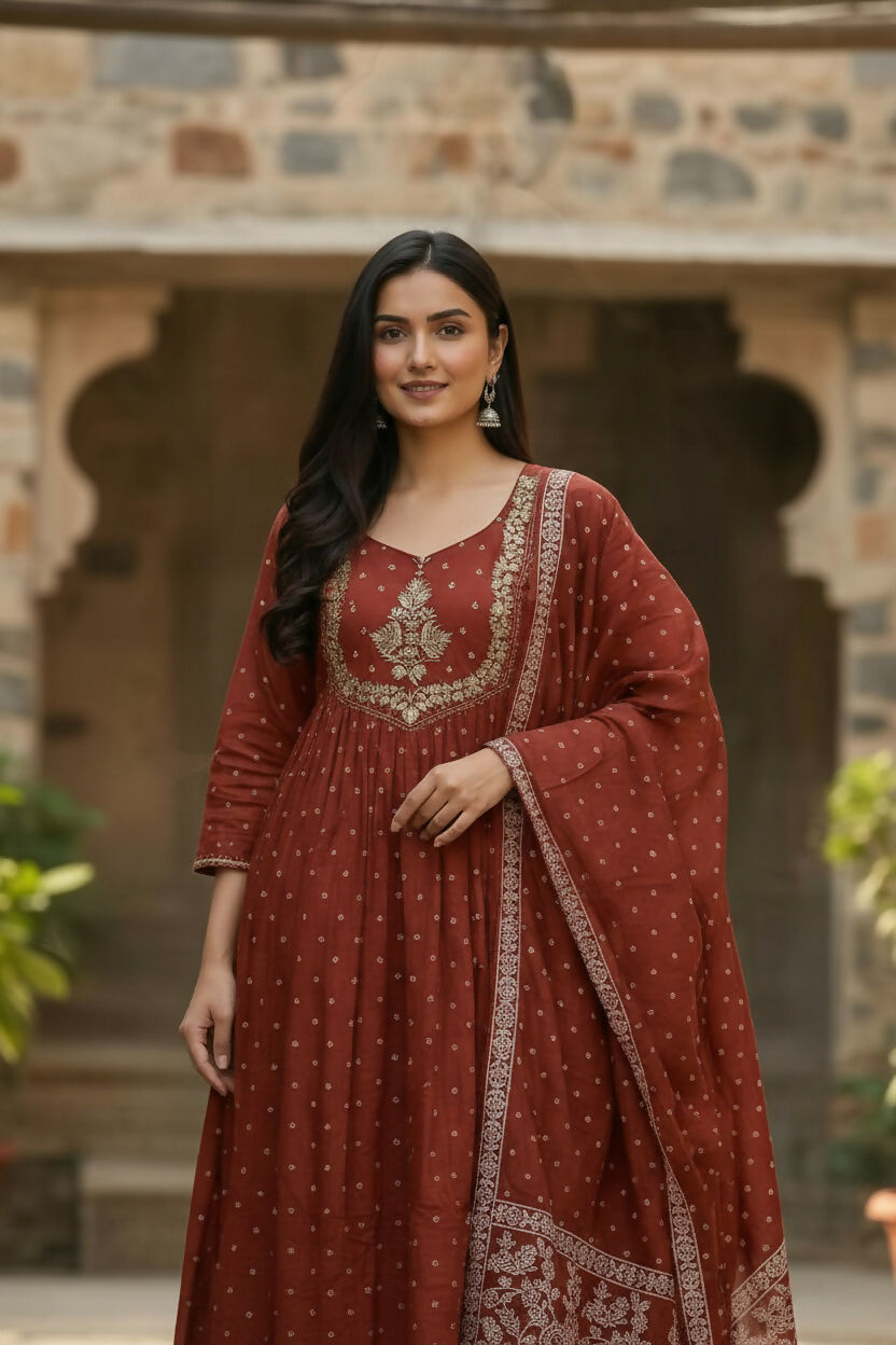 The52 Women's Beautiful Cotton Fabric Embroidery Work Flared Anarkali Pant and Dupatta Set - Distacart