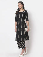 Myshka Women's Black Cotton Blend Printed 3/4 Sleeve Round Neck Casual Kurta & Palazzo Set