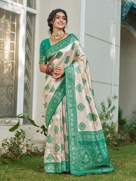 Shree Shyam Fashion Cream With Sea Green Silk Blend Saree