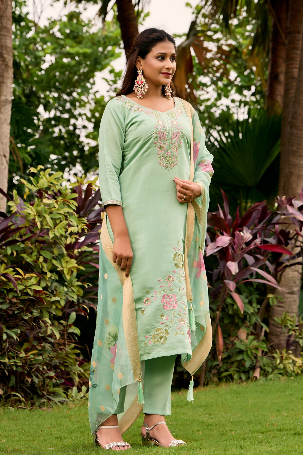 The52 Women's Beautiful Embroidery Work Roman Fabric Straight Kurta Pant and Dupatta Set - Distacart