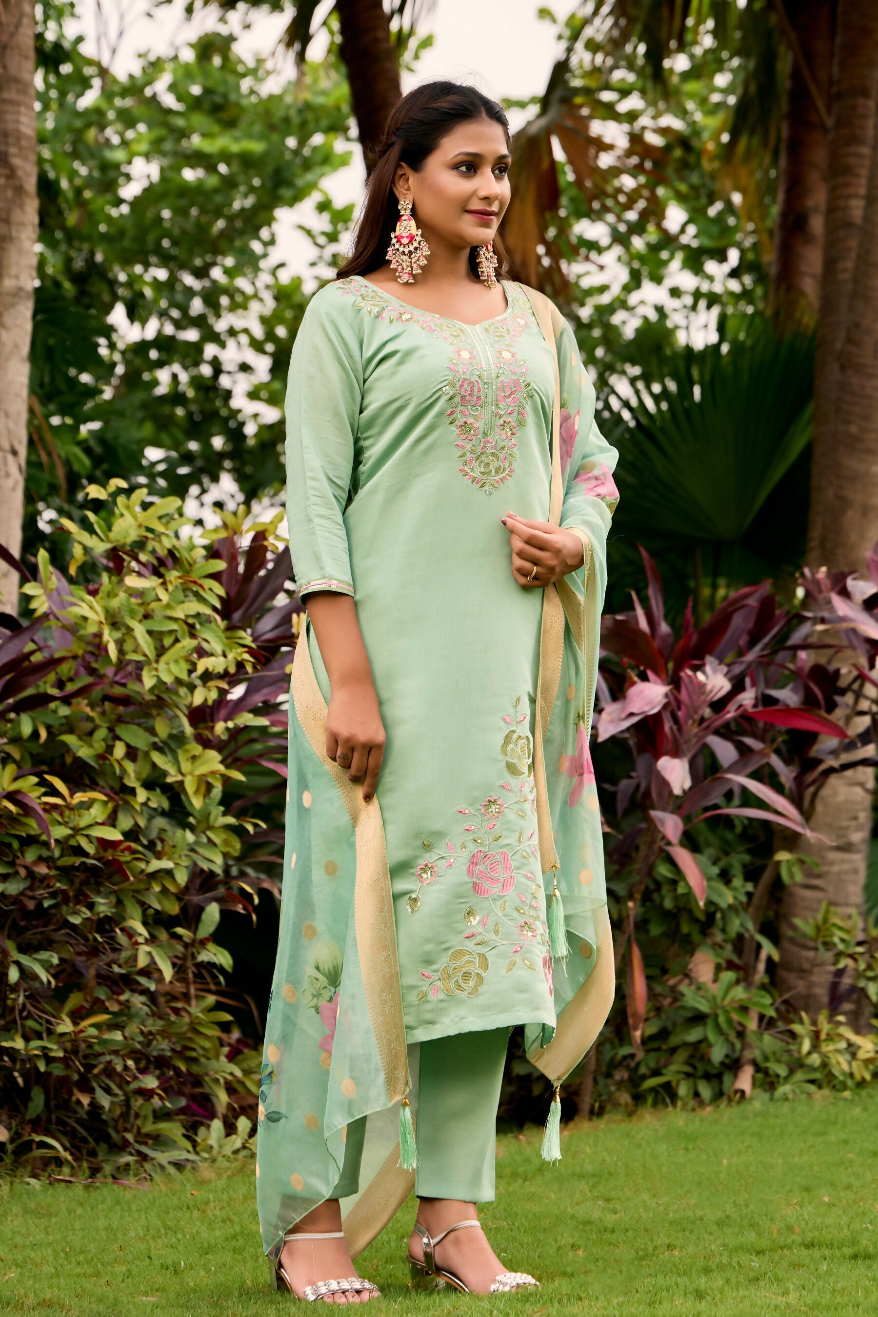 The52 Women's Beautiful Embroidery Work Roman Fabric Straight Kurta Pant and Dupatta Set - Distacart