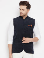 Even Apparels Navy Polyester Men's Nehru Jacket-Contrast Lining-Inbuilt Pocket Square - Distacart