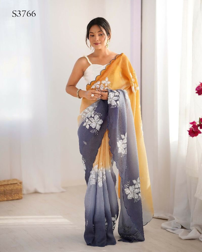 Orange and Grey Crunchy Crush Pedding Color Embroidery Work Party Wear Saree - Zuleika