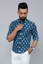 Miravan Men's Blue Spread Collar Floral Print Casual Shirt