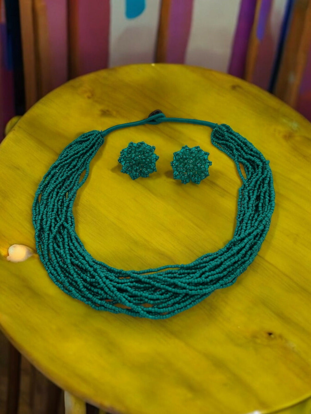 Inhanns Vibrant Handmade 20 Layers Beaded Necklace With Matching Earrings - Sea Green