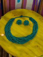 Inhanns Vibrant Handmade 20 Layers Beaded Necklace With Matching Earrings - Sea Green