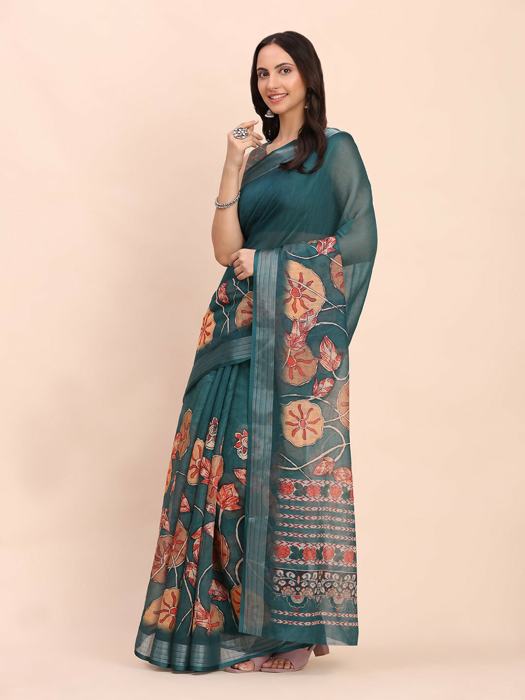Shree Shyam Fashion Linen Cotton Teal Blue Saree - Distacart