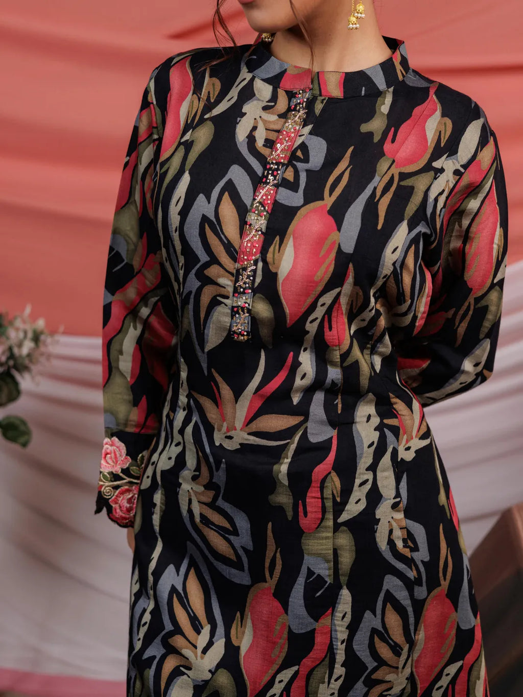 Yufta Chanderi Black Printed Kurta Dupatta Set