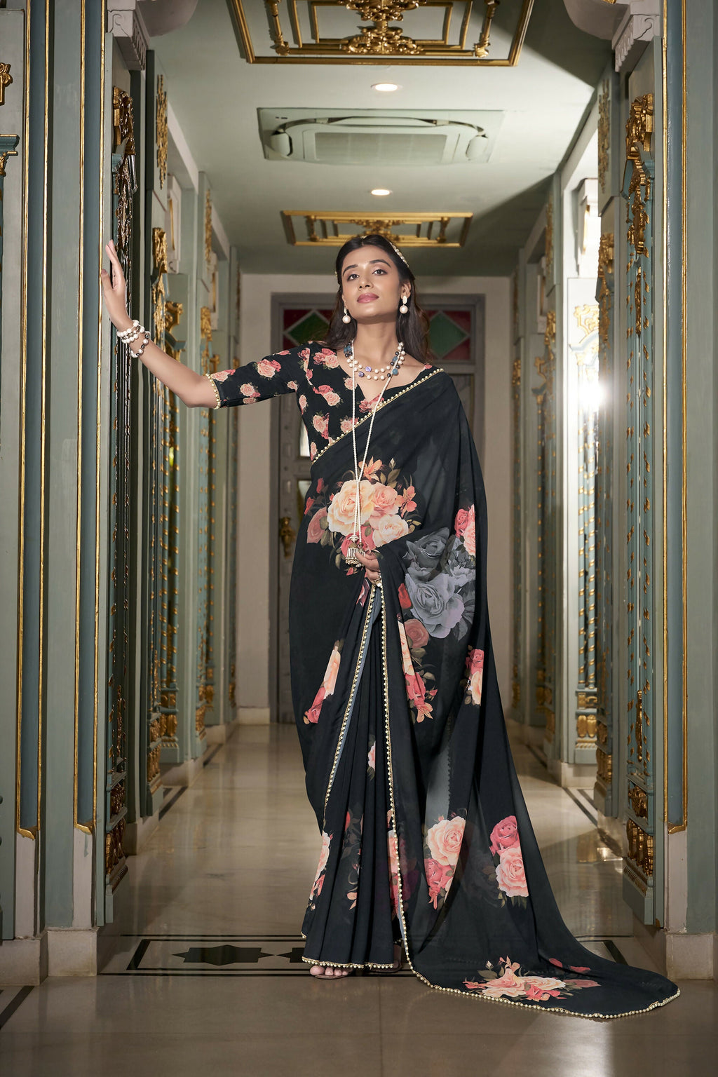 Vastranavya Black Spectacular Georgette Printed with Pearl Lace Saree with Unstitched Blouse - Distacart