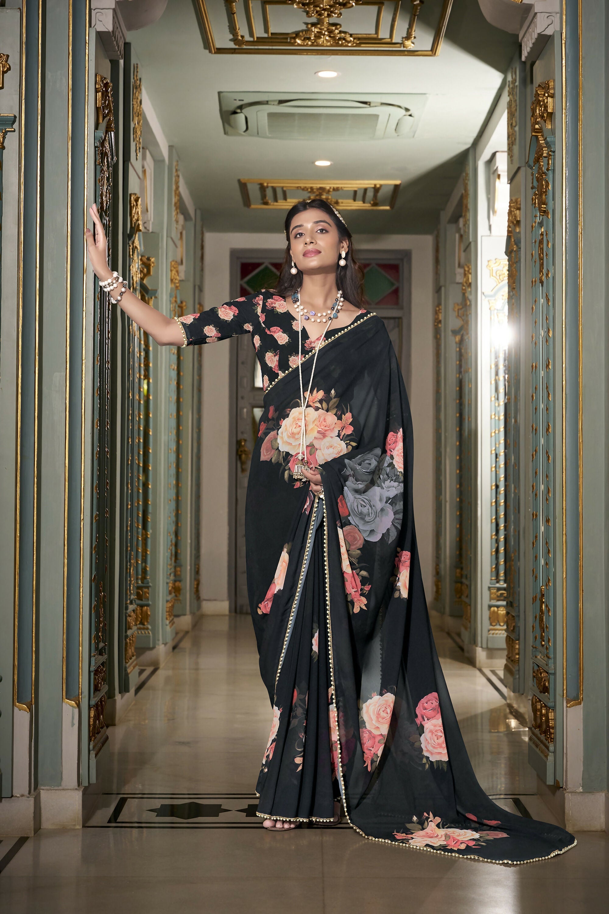 Vastranavya Black Spectacular Georgette Printed with Pearl Lace Saree with Unstitched Blouse - Distacart