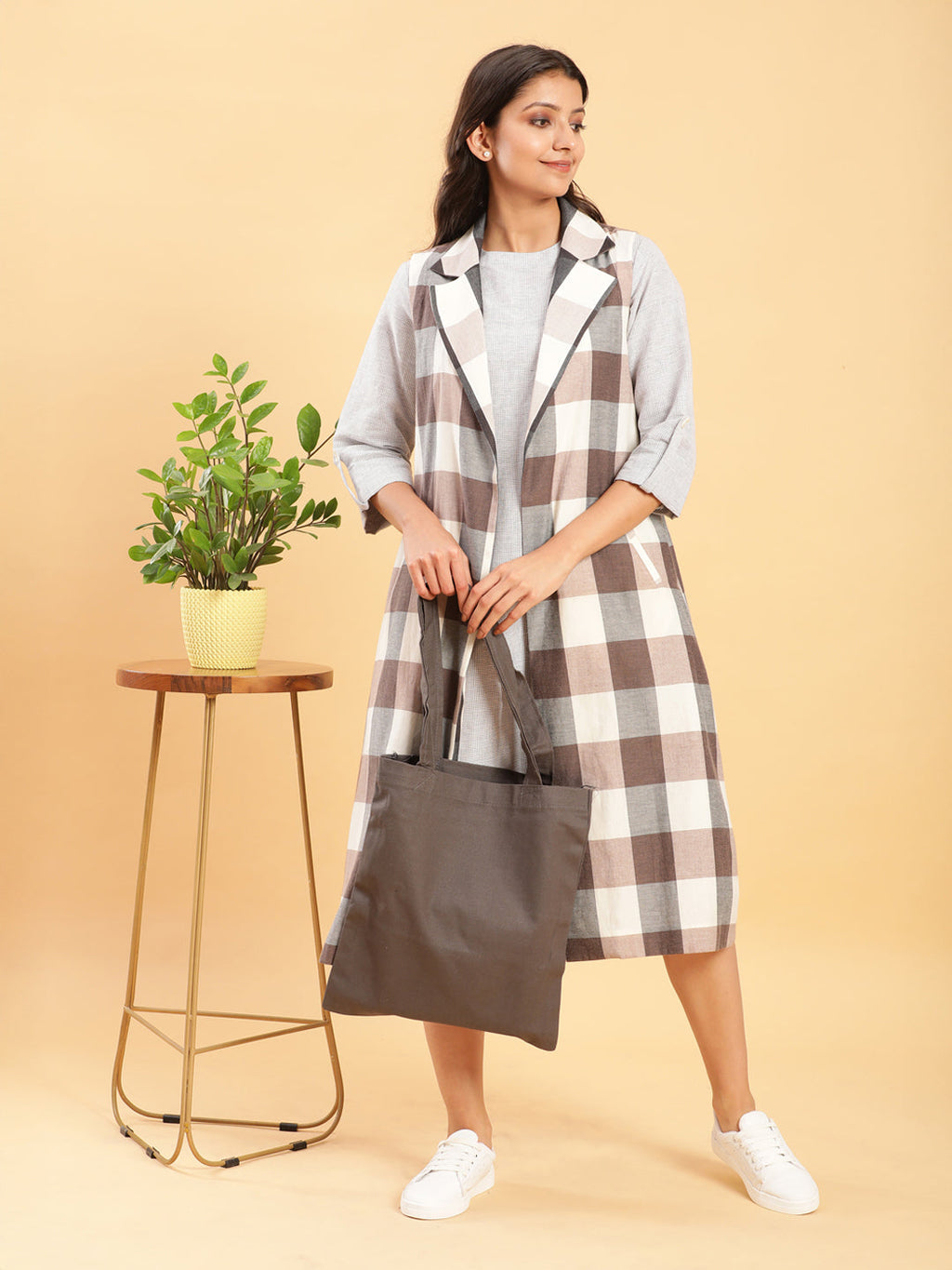 BohoJazz Earthy Check Linen Jacket with Fine Check Linen Dress - Distacart