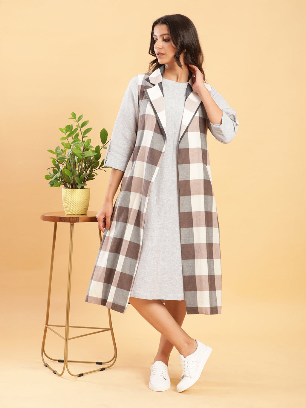 BohoJazz Earthy Check Linen Jacket with Fine Check Linen Dress - Distacart