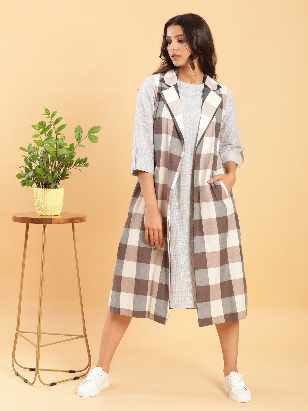 BohoJazz Earthy Check Linen Jacket with Fine Check Linen Dress - Distacart