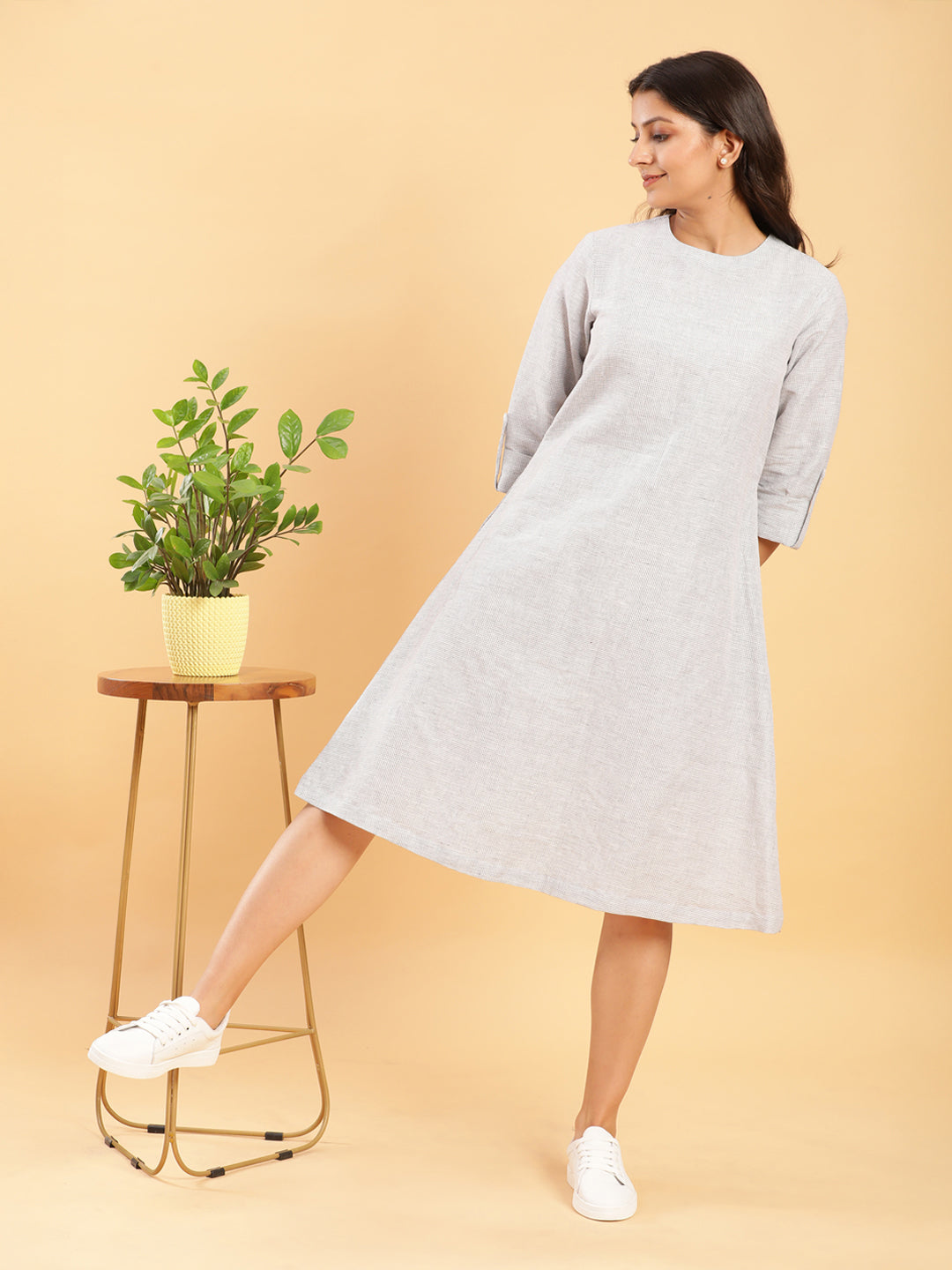 BohoJazz Earthy Check Linen Jacket with Fine Check Linen Dress - Distacart