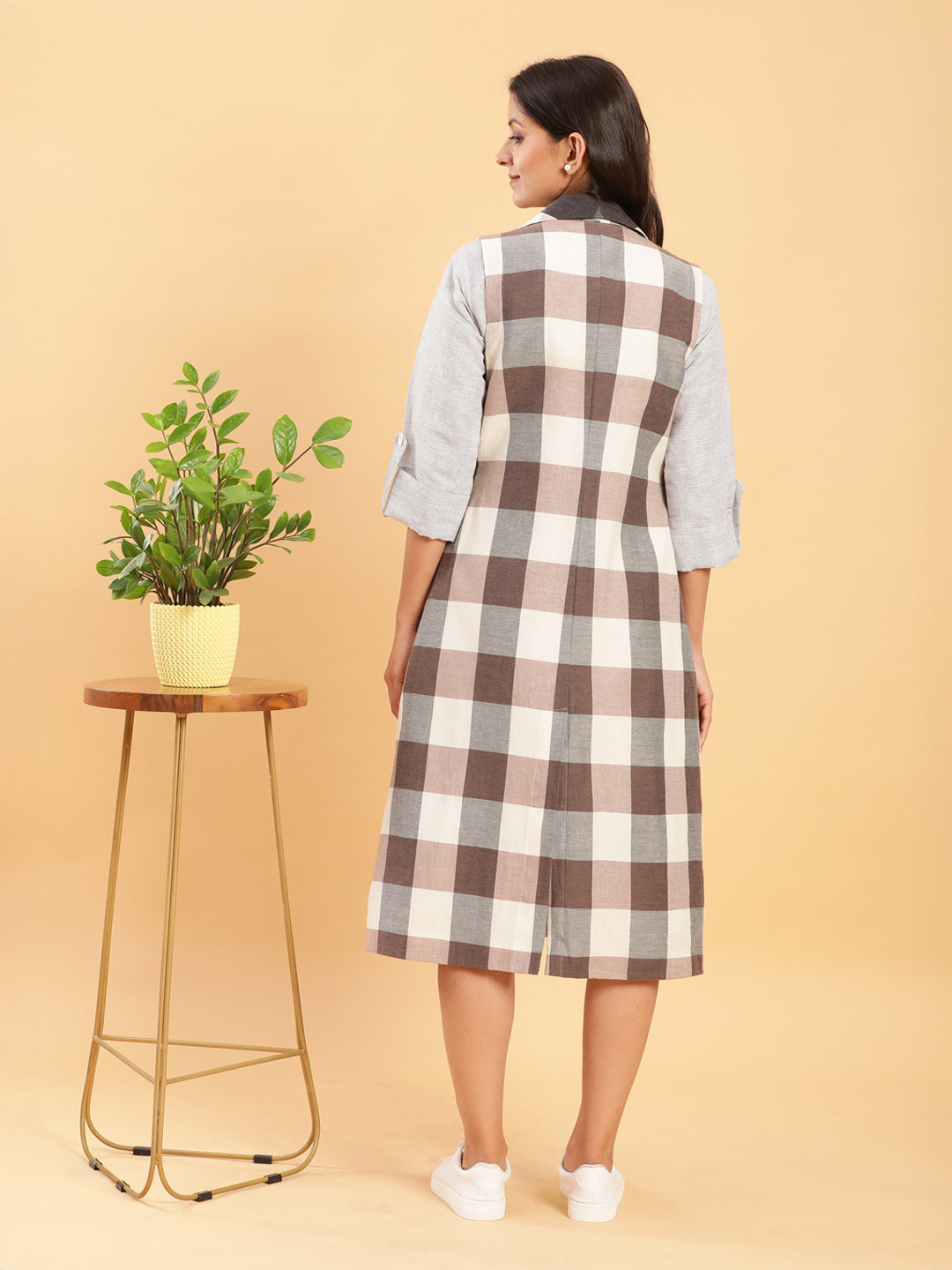 BohoJazz Earthy Check Linen Jacket with Fine Check Linen Dress - Distacart