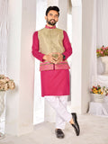 Anaita Beige Cotton Straight Kurta Pajama & Koti With Jequard Work