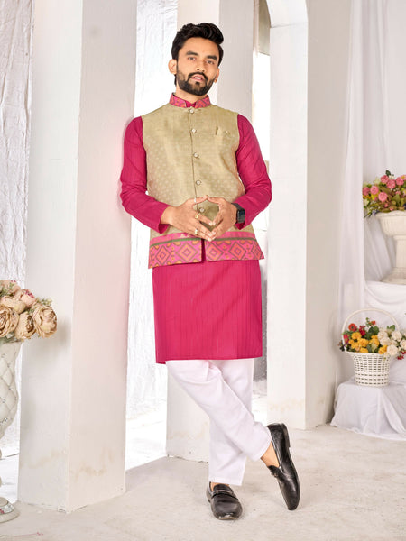 Anaita Beige Cotton Straight Kurta Pajama & Koti With Jequard Work