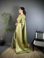Joban Fashion Olive Green Floral & Paisley Motifs Soft Satin Silk Banarasi Saree - Distacart