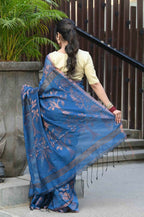 Beatitude Blue Cotton Floral Jamdani Saree