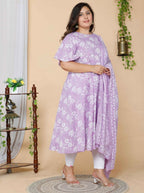 Miravan Women's Plus Size Lavender Floral Flared Sleeves Anarkali Kurta With Dupatta