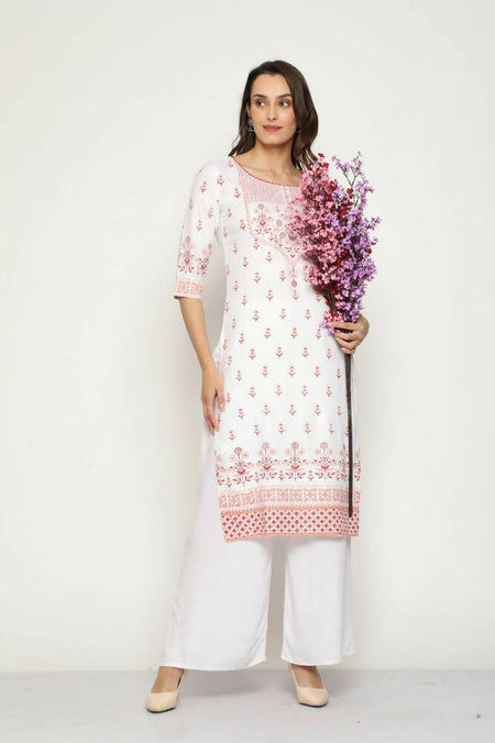 Maai Rayon Hand Printed Kurta Off-White