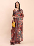Shree Shyam Fashion Linen Cotton Brown Saree - Distacart