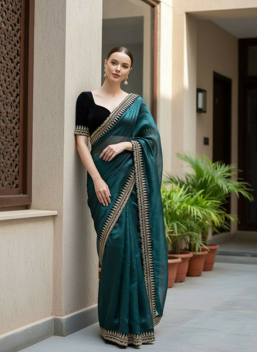 Joban Fashion Petrol Soft twill Net Party Wear Sarees - Distacart