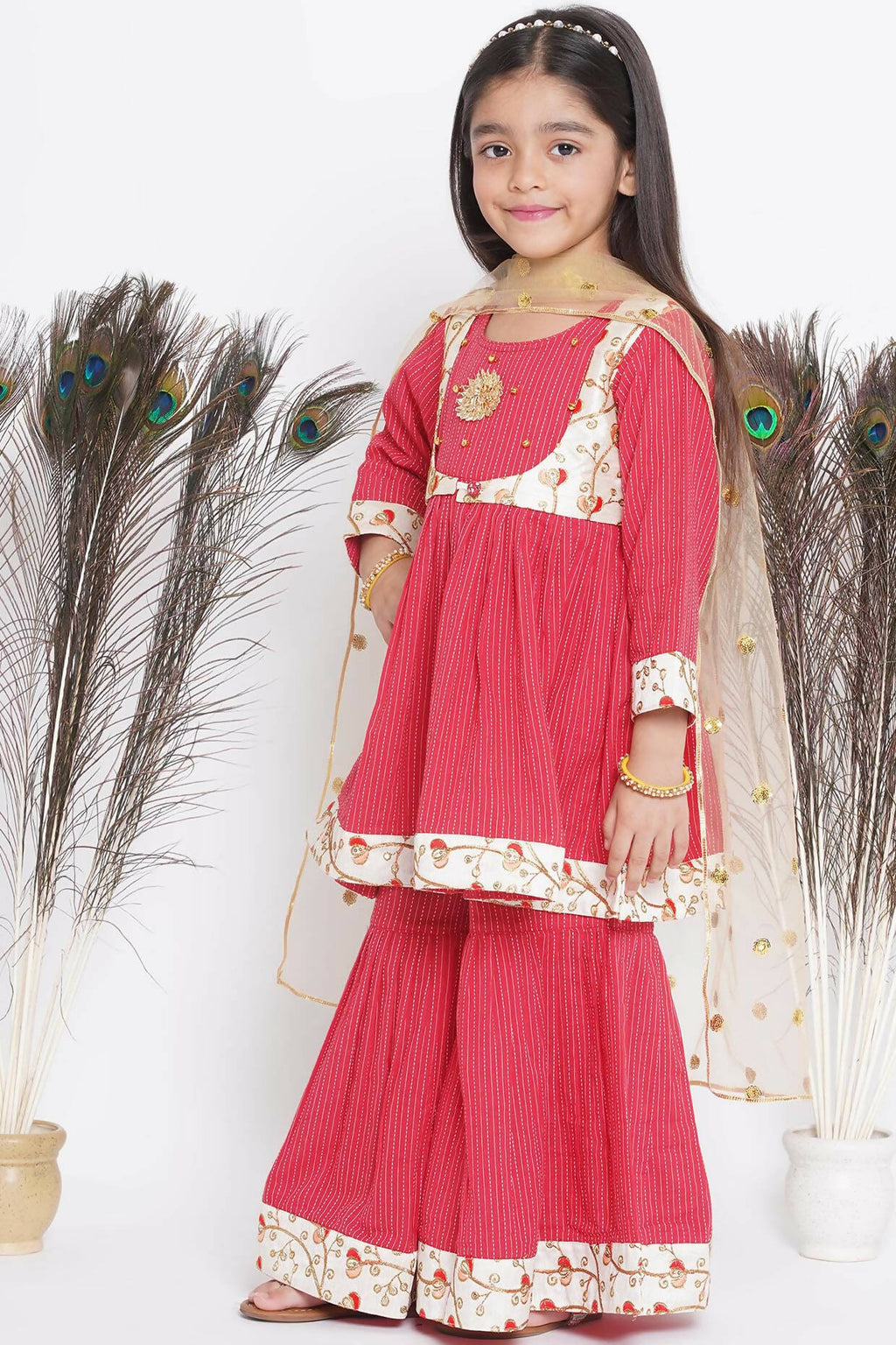 Little Bansi Floral Embroidery Jacket With Cotton Kantha Frock Sharara And Dupatta With Ghungroo Handwork - Red
