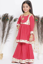 Little Bansi Floral Embroidery Jacket With Cotton Kantha Frock Sharara And Dupatta With Ghungroo Handwork - Red