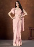 Peach Crepe Satin Silk Embroidered Saree with stitched Blouse - Mohmanthan Saha Saki