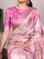Vastranavya Pink Tussar Silk Printed with Viscose Border Saree with Unstitched Blouse - Distacart
